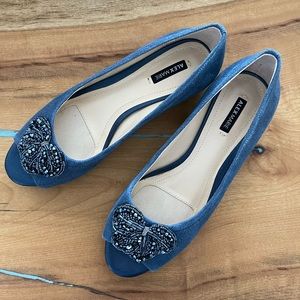 Alex Marie 7M Blue Wedge open toe w beaded cluster NWOT